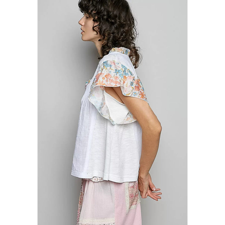 POL V-Neck Floral Ruffle Sleeve Blouse Apparel and Accessories