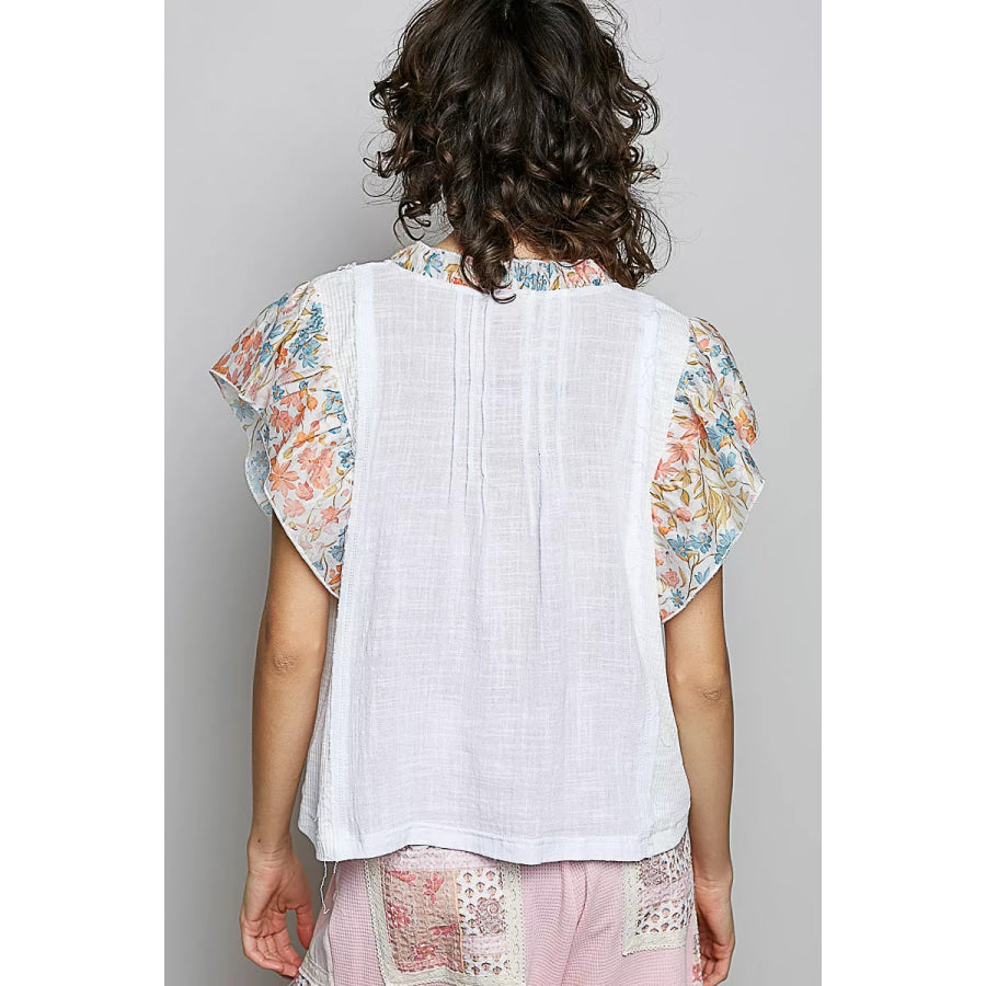 POL V-Neck Floral Ruffle Sleeve Blouse Apparel and Accessories