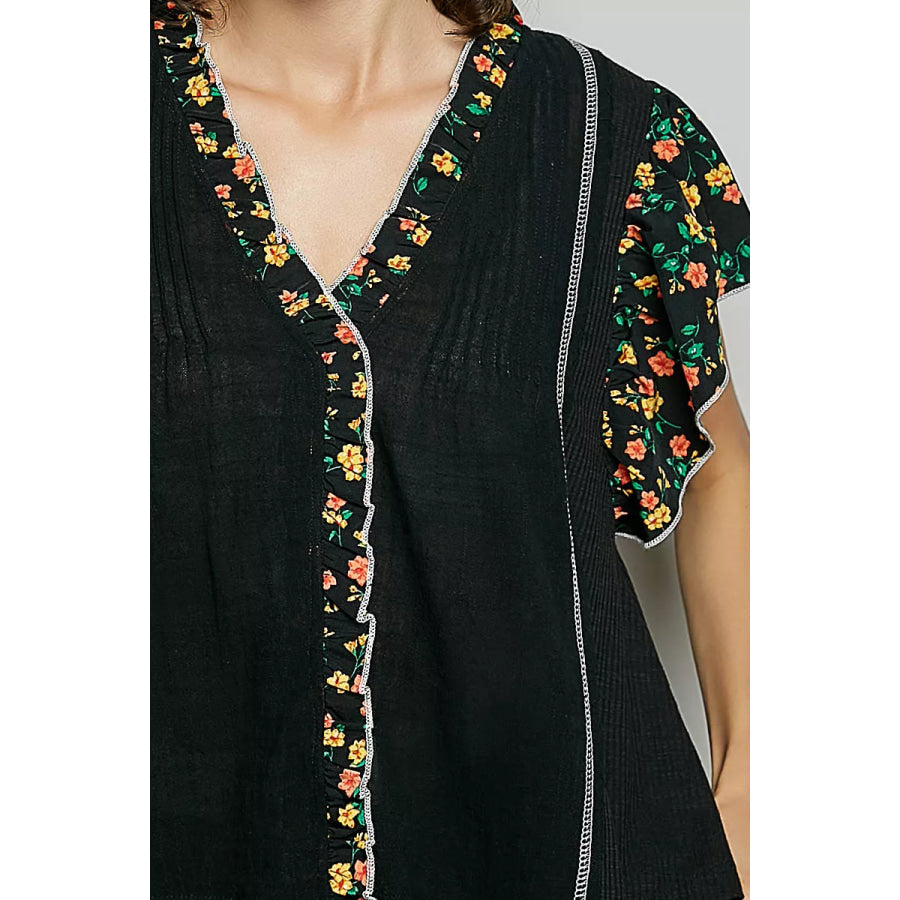 POL V-Neck Floral Ruffle Sleeve Blouse Apparel and Accessories