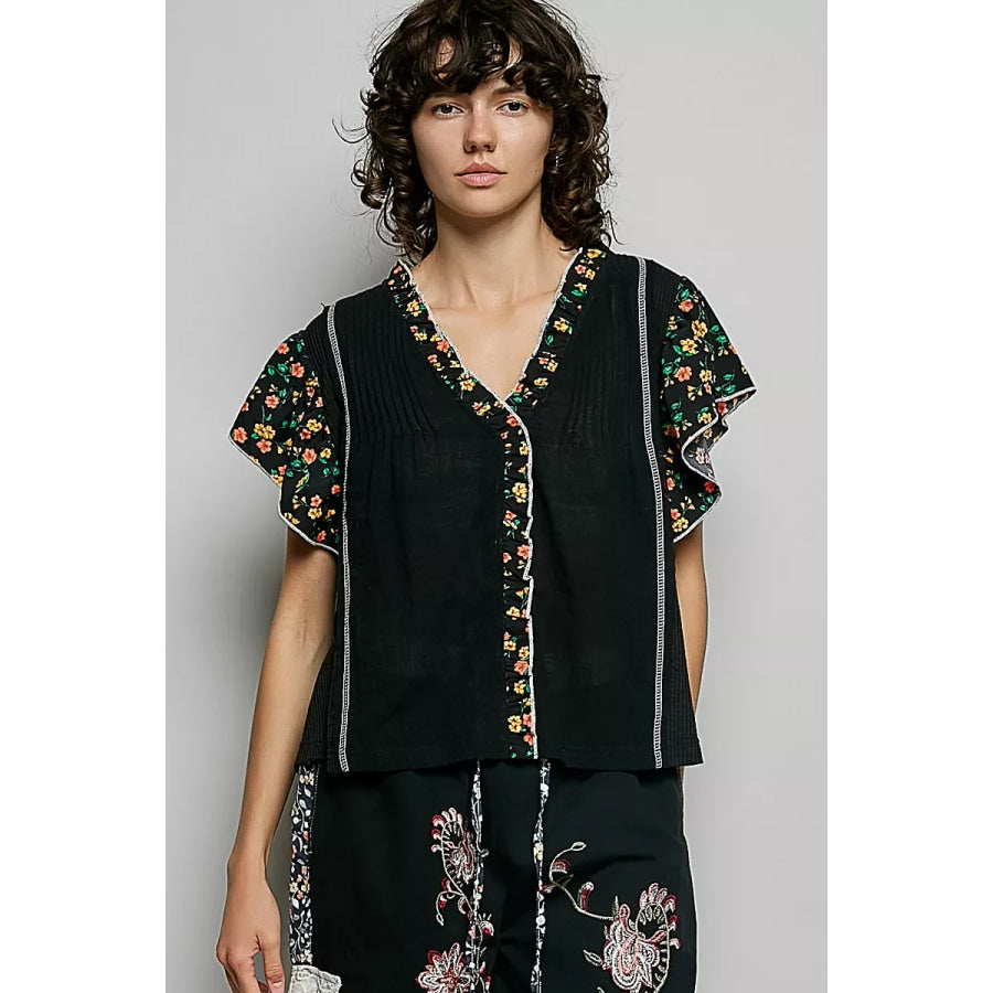 POL V-Neck Floral Ruffle Sleeve Blouse BLACK / S Apparel and Accessories