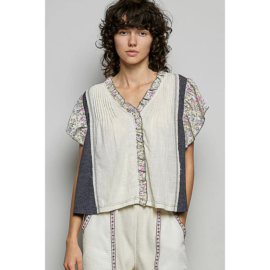 POL V-Neck Floral Ruffle Sleeve Blouse CREAM CHARCOAL / S Apparel and Accessories