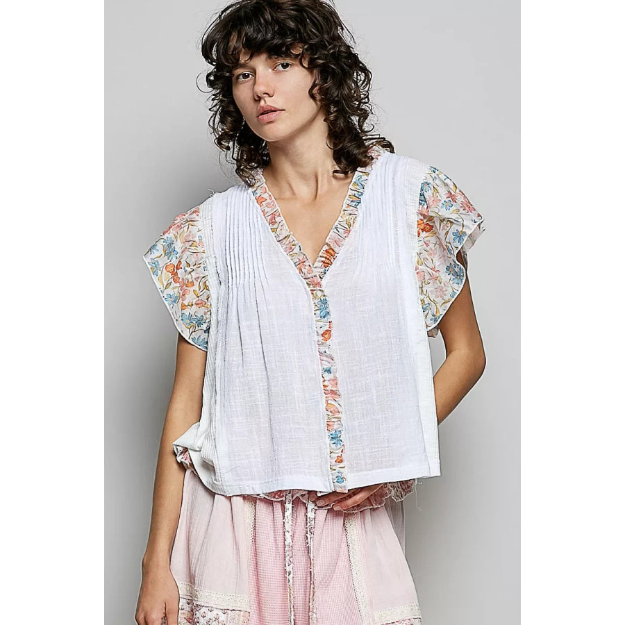 POL V-Neck Floral Ruffle Sleeve Blouse IVORY / S Apparel and Accessories