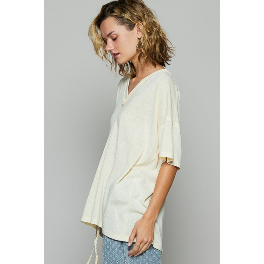 POL V-Neck Half Sleeve T-Shirt CUSTARD / S Apparel and Accessories