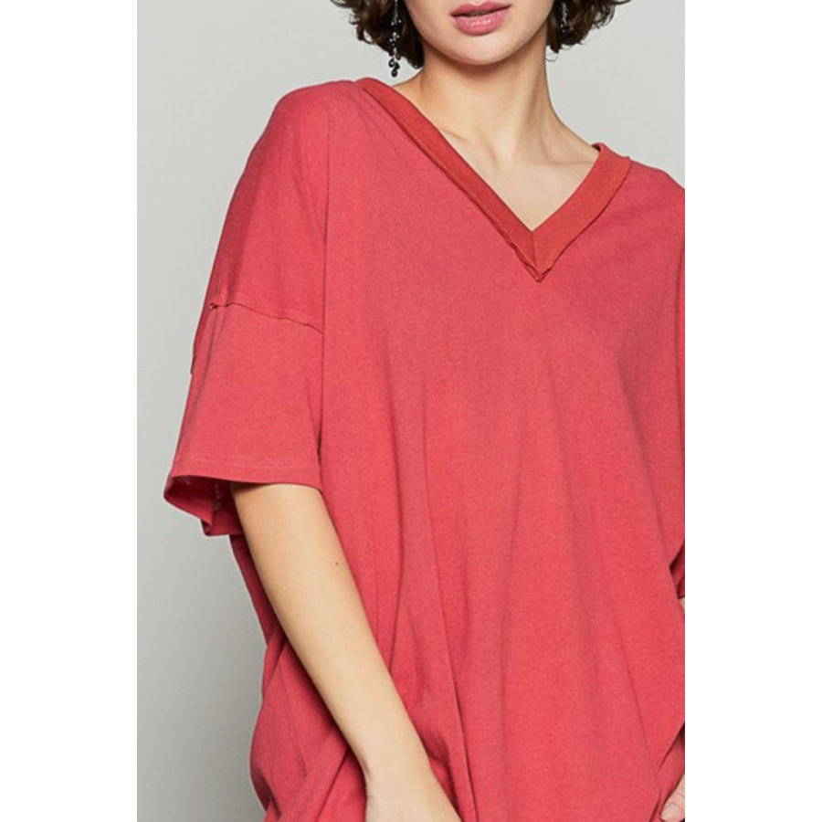 POL V-Neck Half Sleeve T-Shirt TOMATO / S Apparel and Accessories