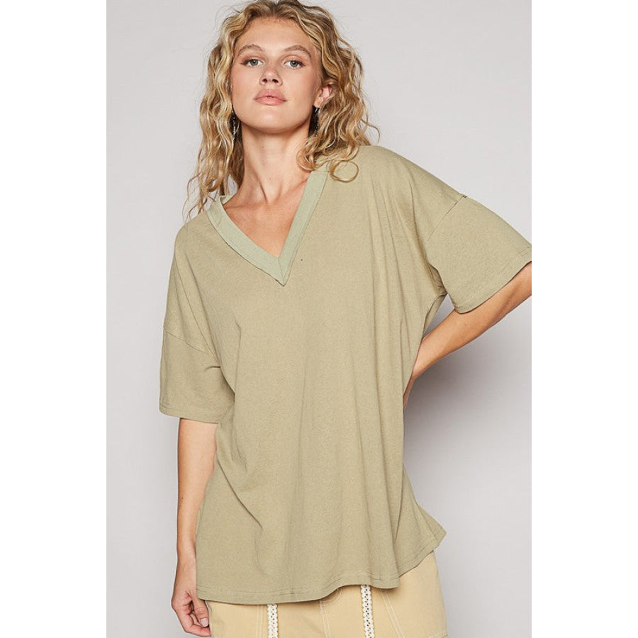 POL V-Neck Half Sleeve T-Shirt Dried Moss / S Apparel and Accessories