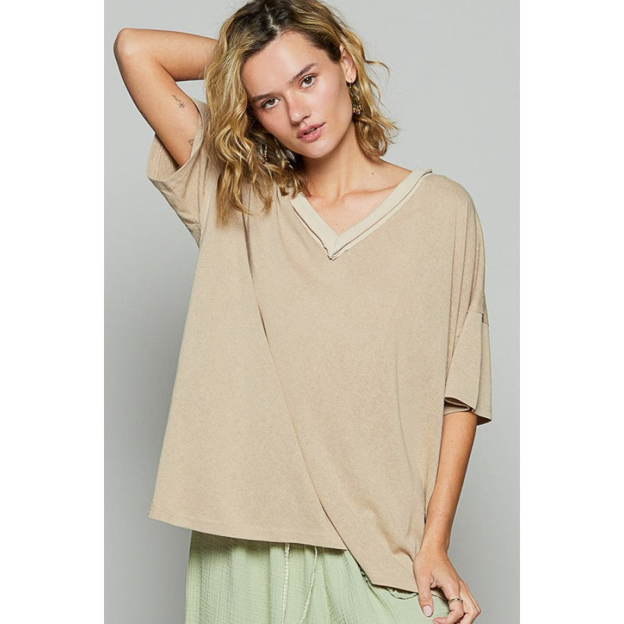 POL V-Neck Half Sleeve T-Shirt Latte / S Apparel and Accessories