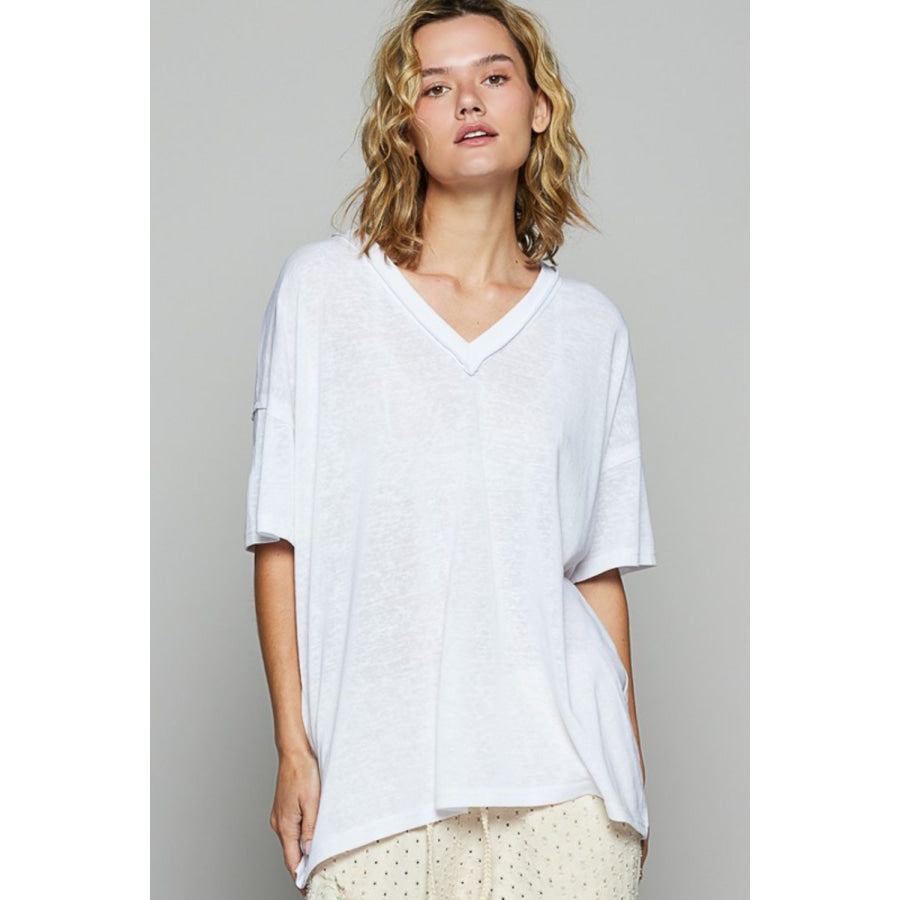 POL V-Neck Half Sleeve T-Shirt Off White / S Apparel and Accessories