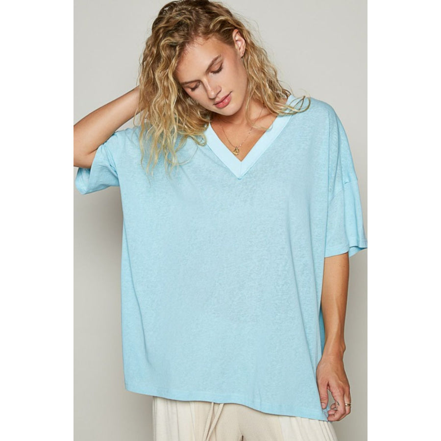 POL V-Neck Half Sleeve T-Shirt Pastel Blue / S Apparel and Accessories