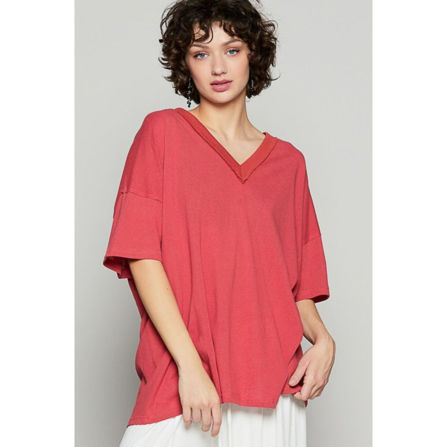 POL V-Neck Half Sleeve T-Shirt TOMATO / S Apparel and Accessories