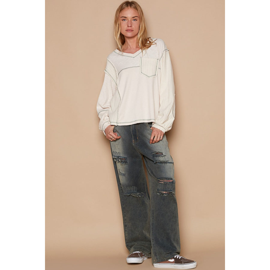 POL V-Neck knit Panel Exposed Seam Top Apparel and Accessories