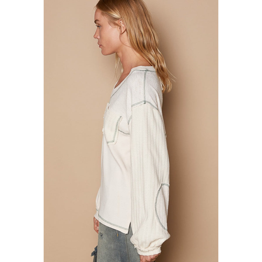 POL V-Neck knit Panel Exposed Seam Top Apparel and Accessories