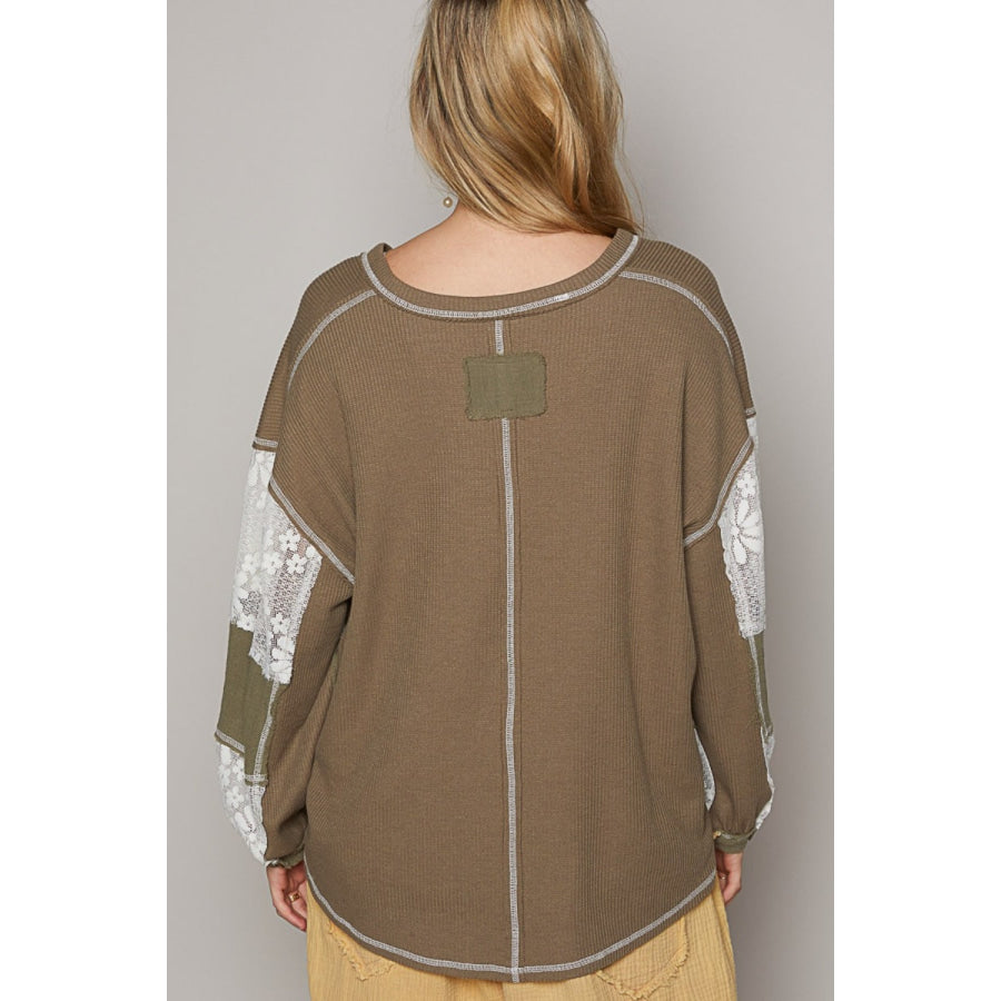 POL V-Neck Lace Balloon Sleeve Exposed Seam Top Khaki Olive / S Apparel and Accessories