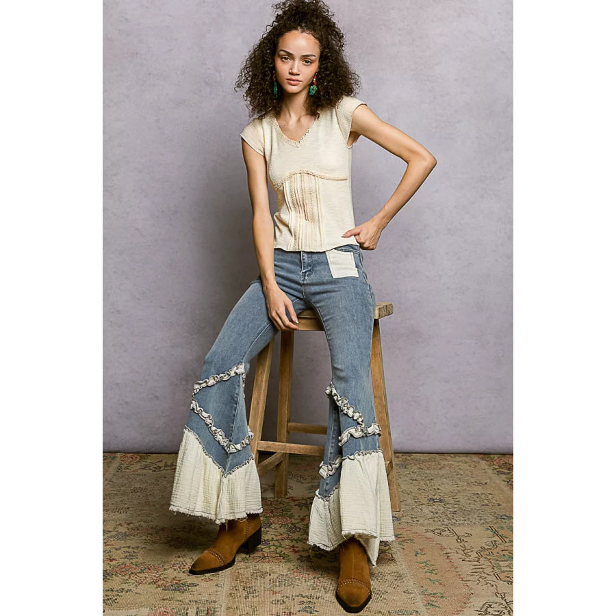 POL V-Neck Lightweight Textured Short Sleeve Knit Top with Lace Trim Apparel and Accessories