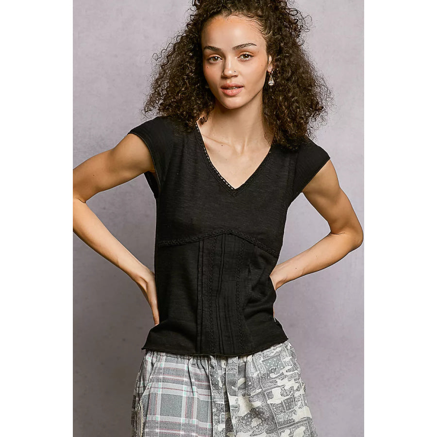 POL V-Neck Lightweight Textured Short Sleeve Knit Top with Lace Trim BLACK / S Apparel and Accessories