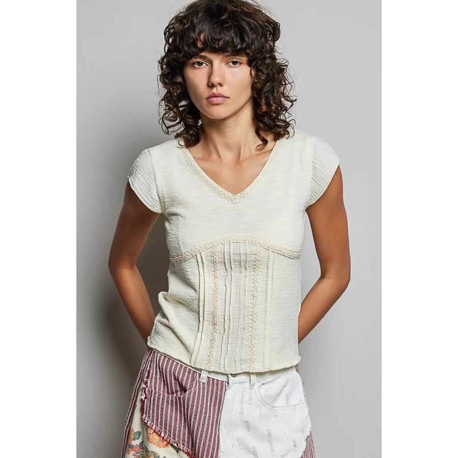POL V-Neck Lightweight Textured Short Sleeve Knit Top with Lace Trim Apparel and Accessories