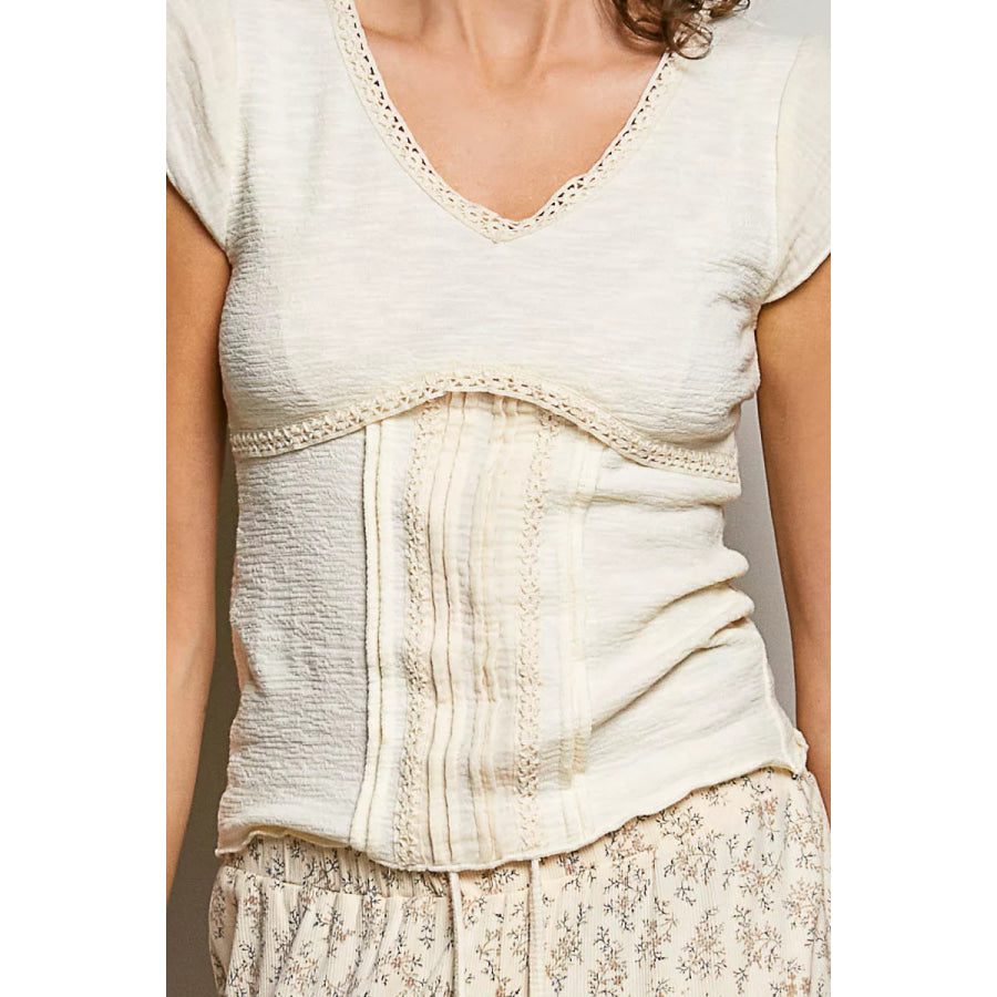 POL V-Neck Lightweight Textured Short Sleeve Knit Top with Lace Trim Apparel and Accessories
