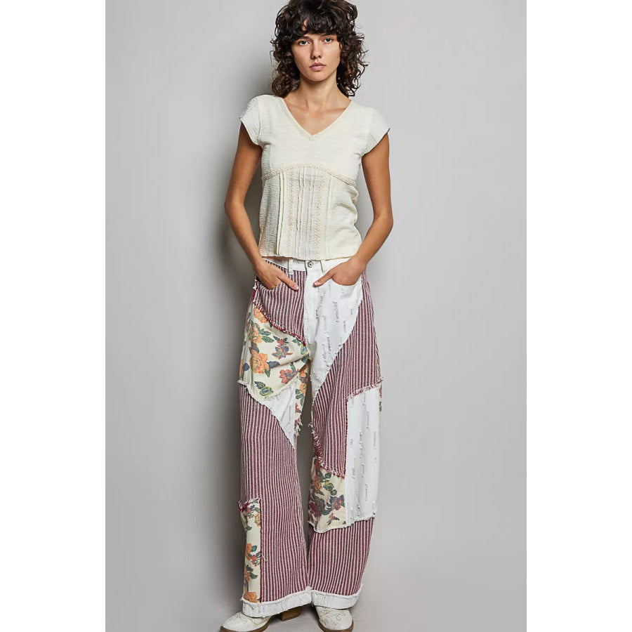 POL V-Neck Lightweight Textured Short Sleeve Knit Top with Lace Trim Apparel and Accessories
