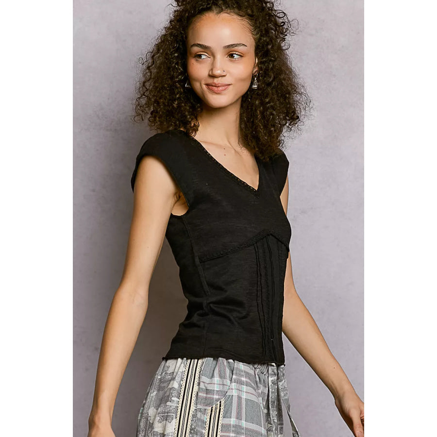 POL V-Neck Lightweight Textured Short Sleeve Knit Top with Lace Trim Apparel and Accessories
