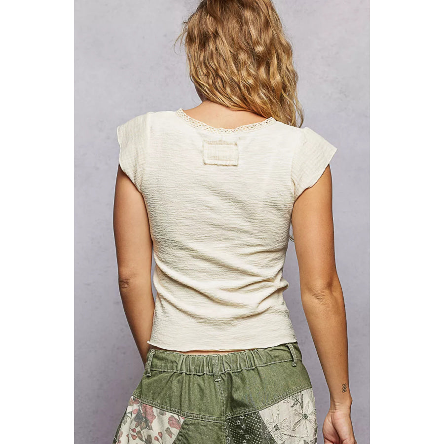 POL V-Neck Lightweight Textured Short Sleeve Knit Top with Lace Trim Apparel and Accessories