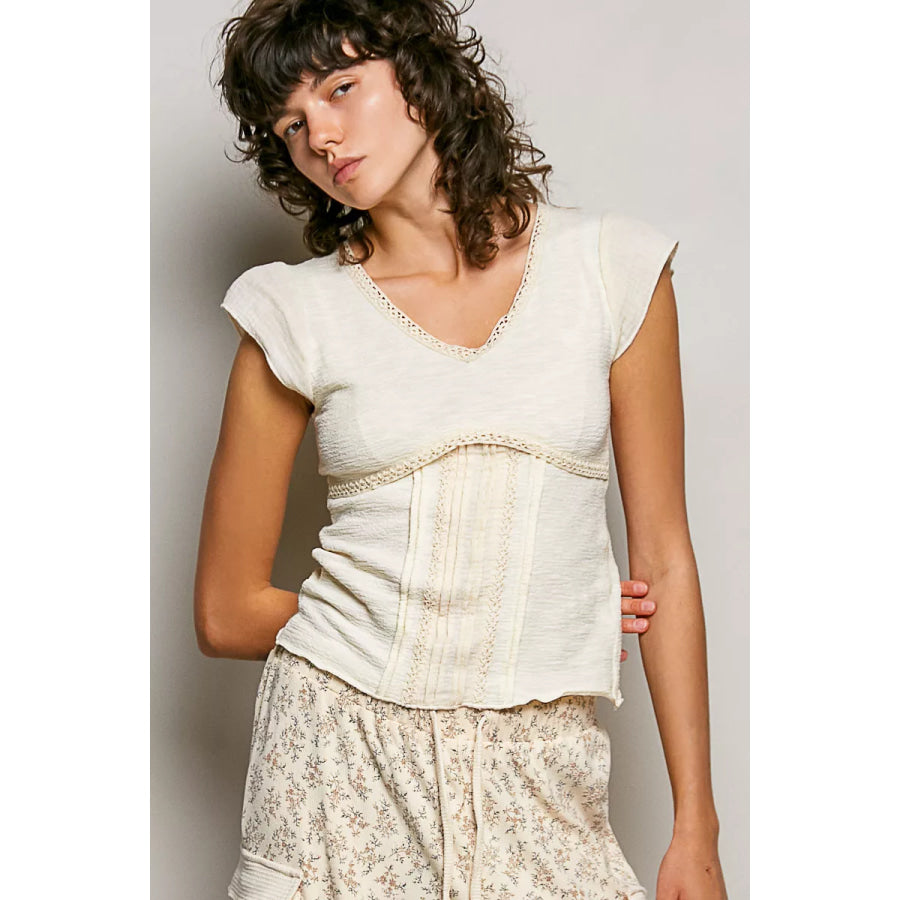 POL V-Neck Lightweight Textured Short Sleeve Knit Top with Lace Trim Apparel and Accessories