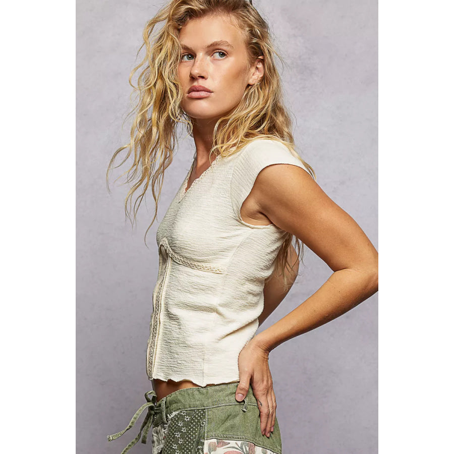 POL V-Neck Lightweight Textured Short Sleeve Knit Top with Lace Trim Apparel and Accessories