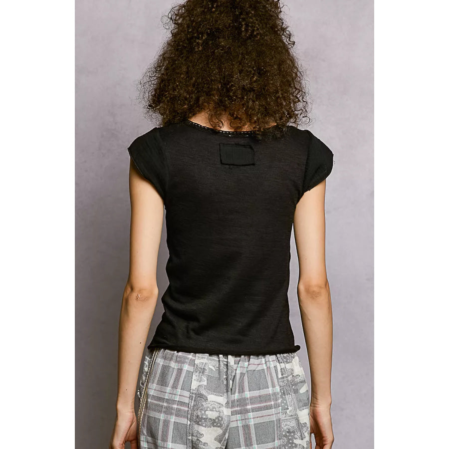 POL V-Neck Lightweight Textured Short Sleeve Knit Top with Lace Trim Apparel and Accessories