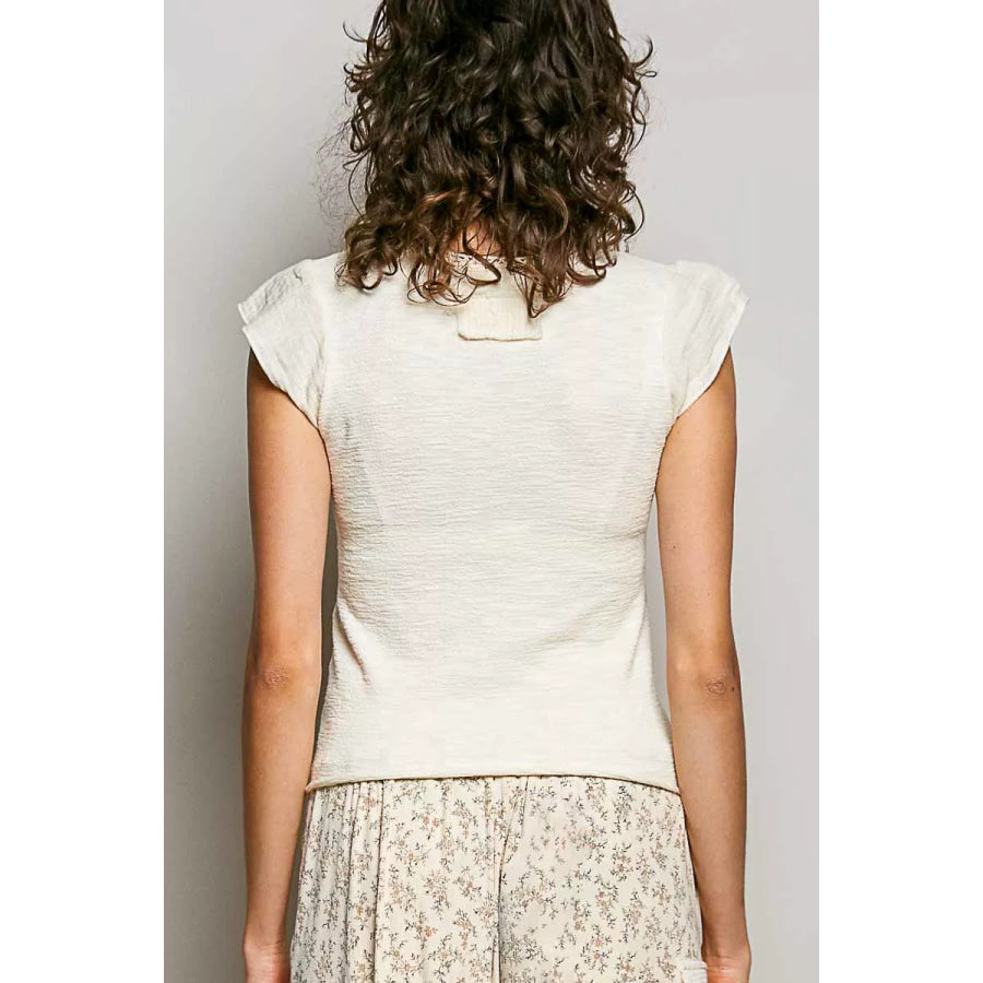 POL V-Neck Lightweight Textured Short Sleeve Knit Top with Lace Trim Apparel and Accessories