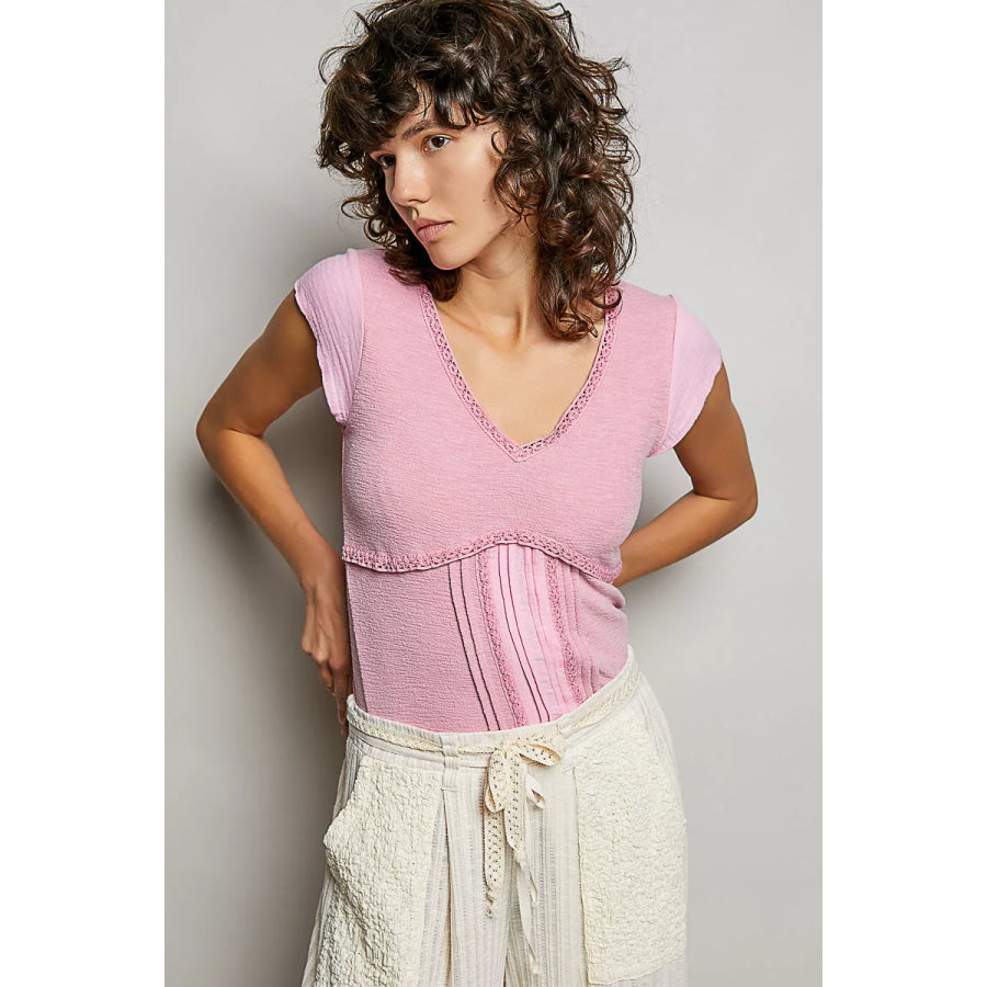 POL V-Neck Lightweight Textured Short Sleeve Knit Top with Lace Trim SOFT PINK / S Apparel and Accessories