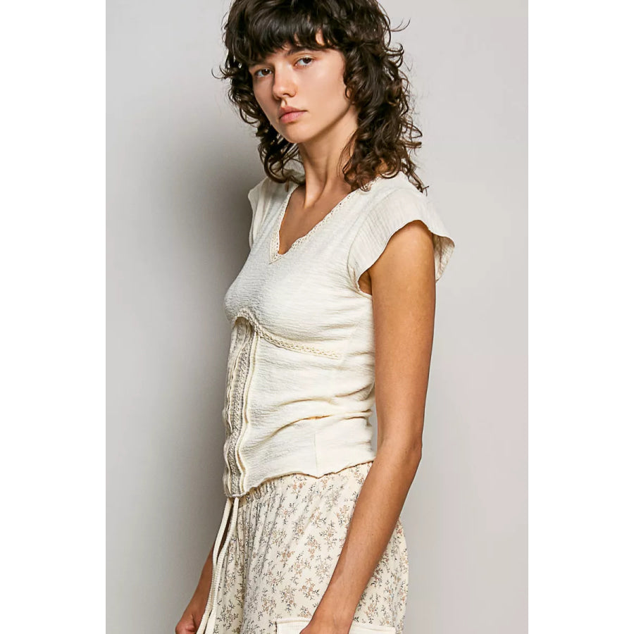 POL V-Neck Lightweight Textured Short Sleeve Knit Top with Lace Trim Apparel and Accessories