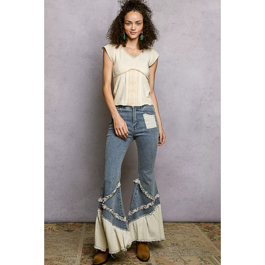 POL V-Neck Lightweight Textured Short Sleeve Knit Top with Lace Trim Apparel and Accessories
