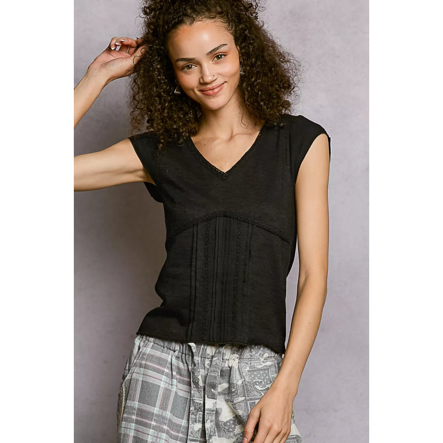 POL V-Neck Lightweight Textured Short Sleeve Knit Top with Lace Trim BLACK / S Apparel and Accessories