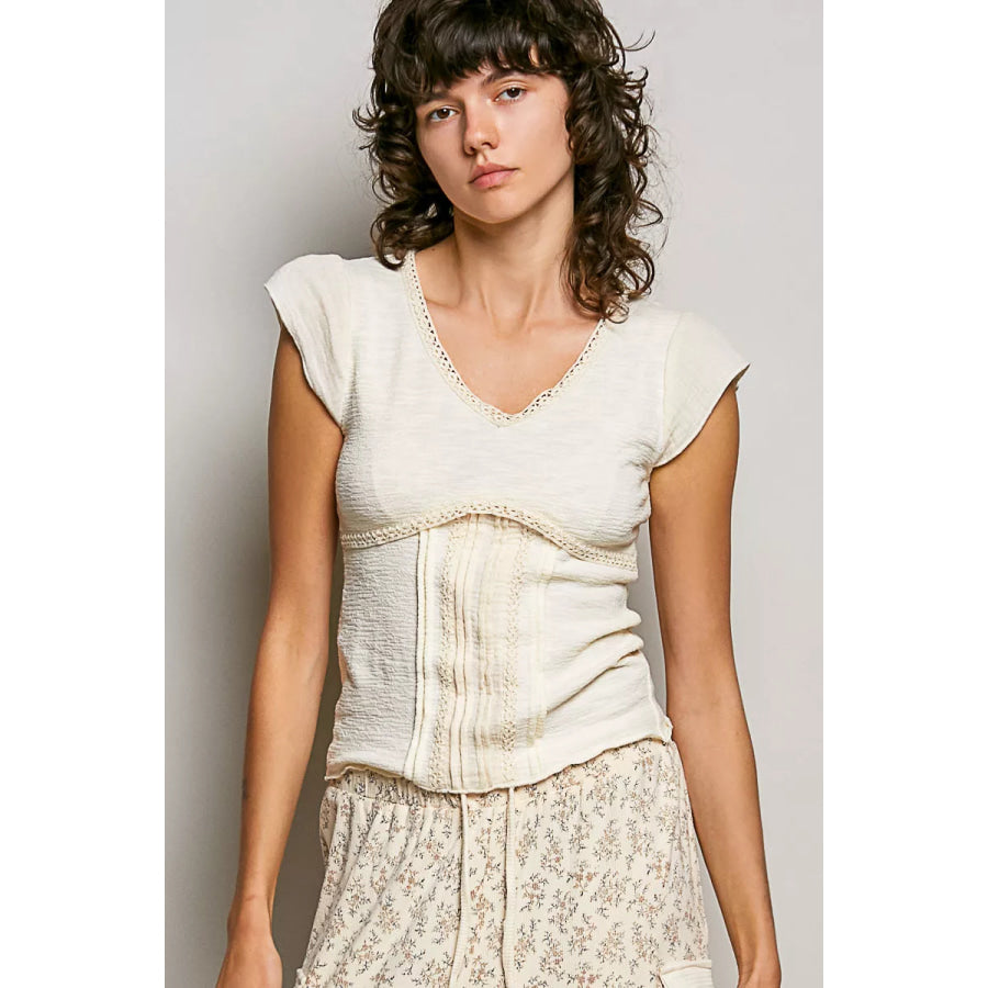 POL V-Neck Lightweight Textured Short Sleeve Knit Top with Lace Trim CREAM / S Apparel and Accessories