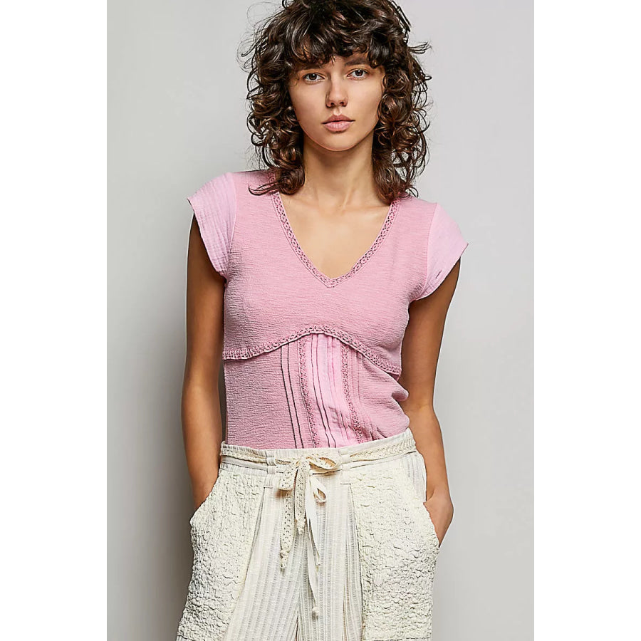POL V-Neck Lightweight Textured Short Sleeve Knit Top with Lace Trim SOFT PINK / S Apparel and Accessories