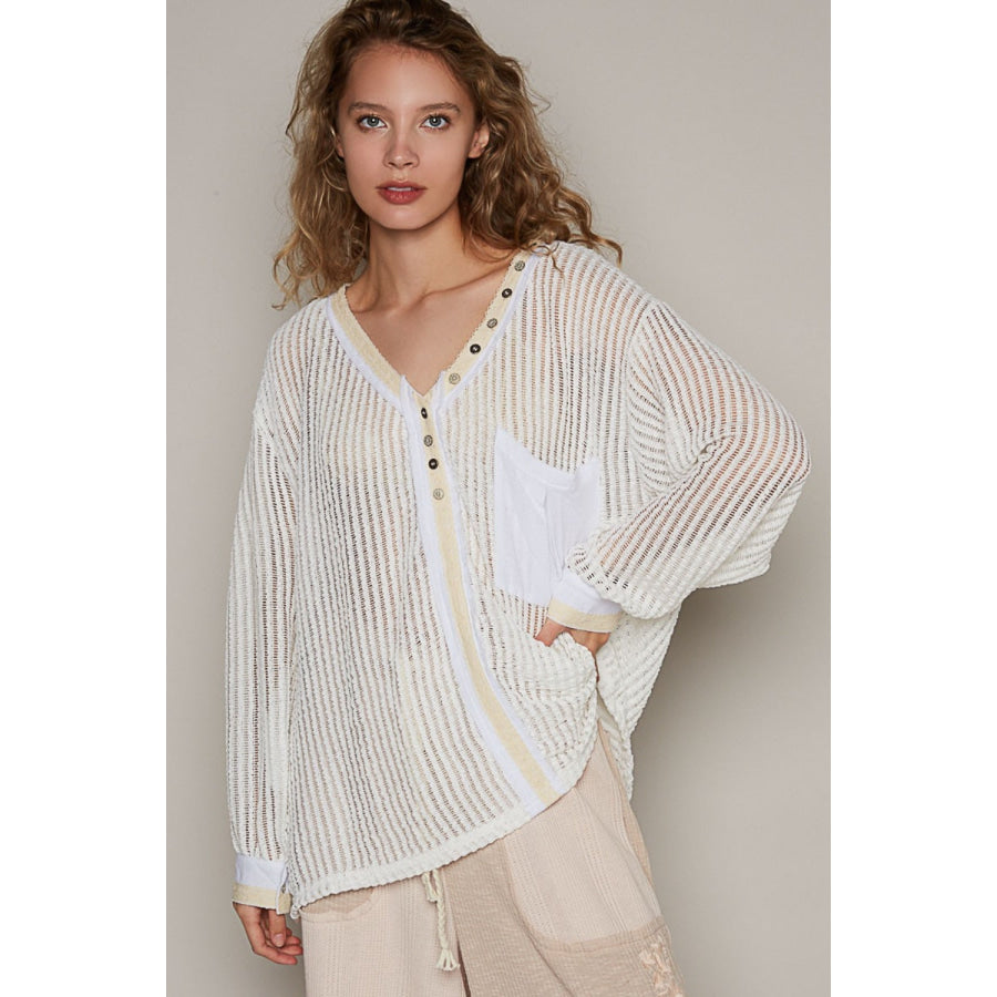 POL V-Neck Long Sleeve Crochet Top Off White / S Apparel and Accessories