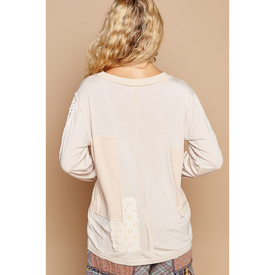 POL V-Neck Long Sleeve Floral Contrast Top Oatmeal / S Apparel and Accessories