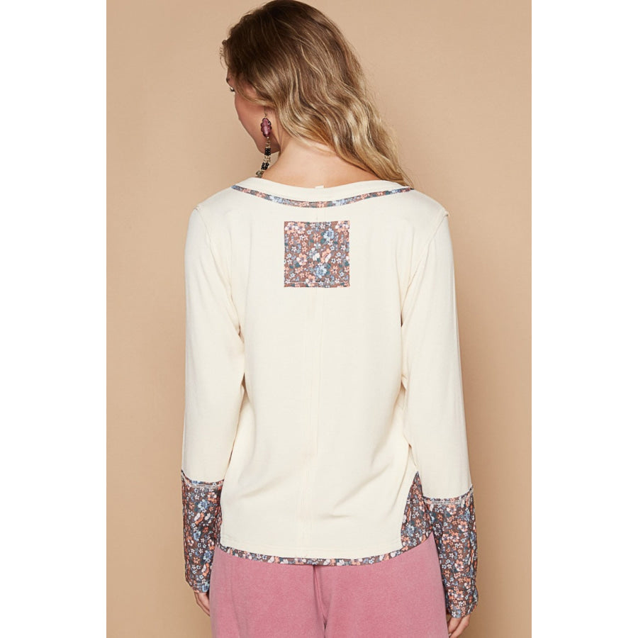 POL V-Neck Long Sleeve Floral Number Patch T-Shirt Apparel and Accessories