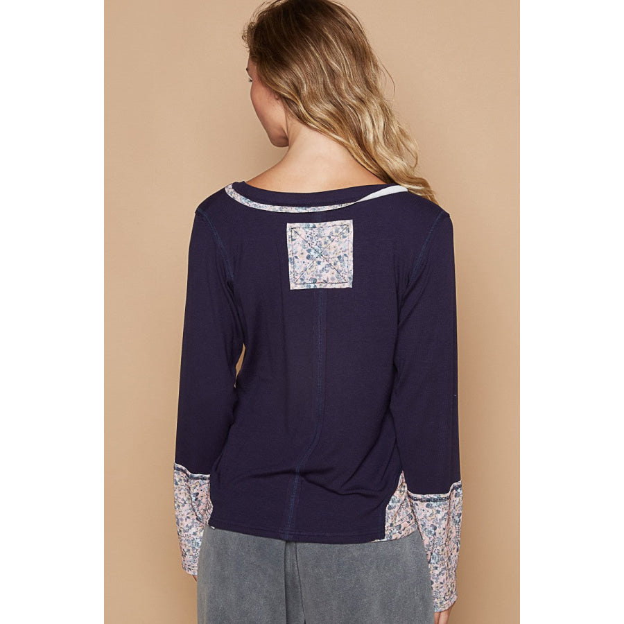 POL V-Neck Long Sleeve Floral Number Patch T-Shirt Indigo / S Apparel and Accessories