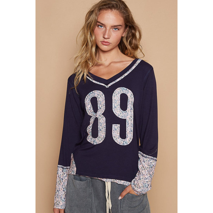 POL V-Neck Long Sleeve Floral Number Patch T-Shirt Indigo / S Apparel and Accessories