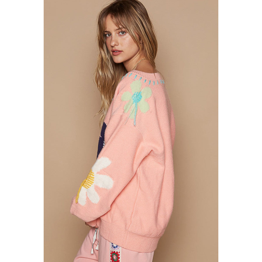 POL V-Neck Long Sleeve Flower Fringe Sweater Apparel and Accessories