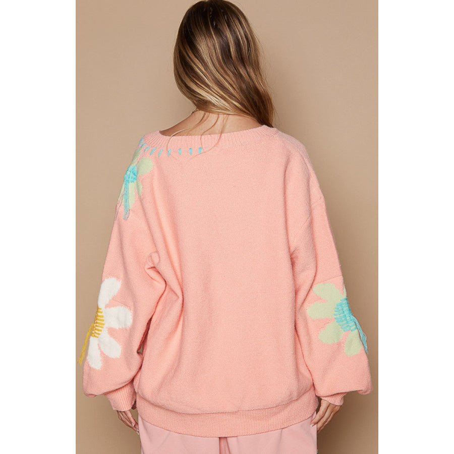 POL V-Neck Long Sleeve Flower Fringe Sweater Apparel and Accessories