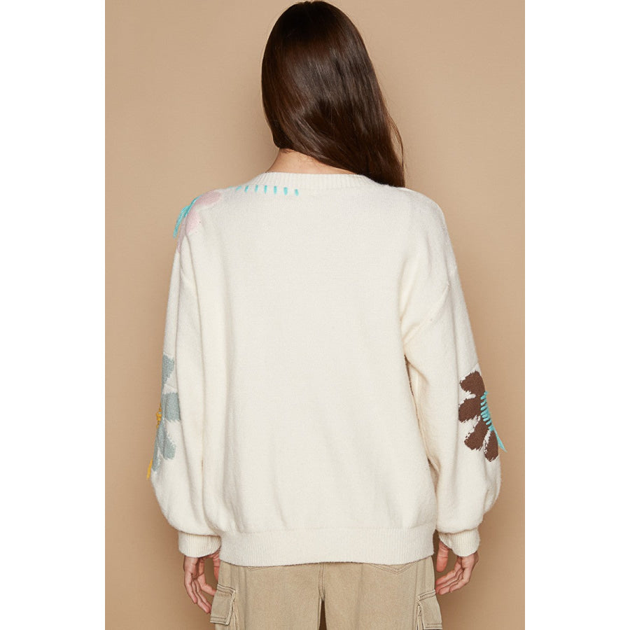 POL V-Neck Long Sleeve Flower Fringe Sweater Ivory / S Apparel and Accessories
