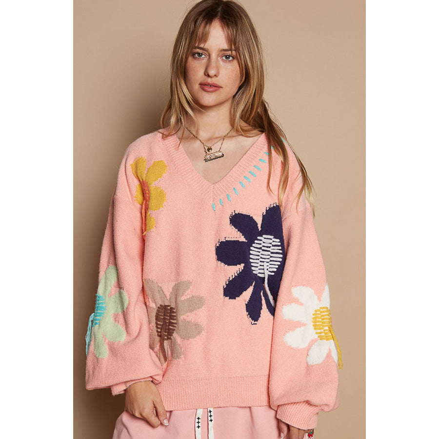 POL V-Neck Long Sleeve Flower Fringe Sweater Pink / S Apparel and Accessories