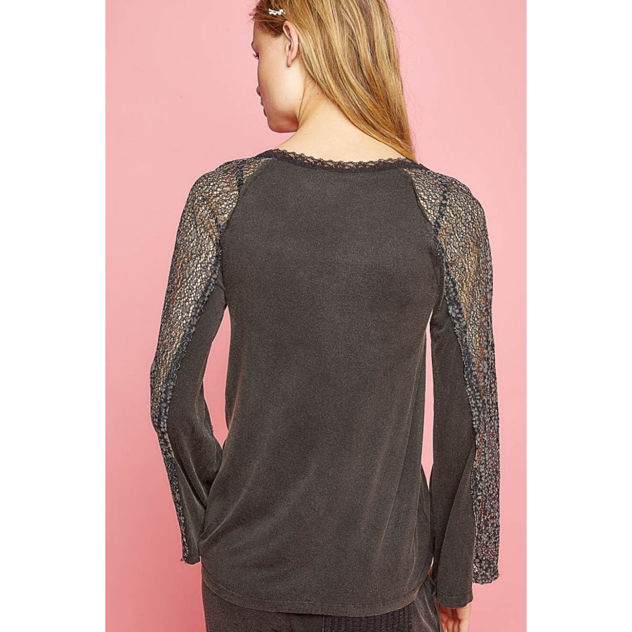 POL V - Neck Long Sleeve Lace Patch Top Black / S Apparel and Accessories