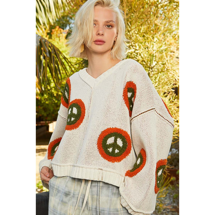 POL V Neck Long Sleeve Peace Pattern Sweater Cream / S Apparel and Accessories