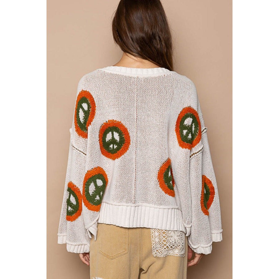 POL V Neck Long Sleeve Peace Pattern Sweater Apparel and Accessories