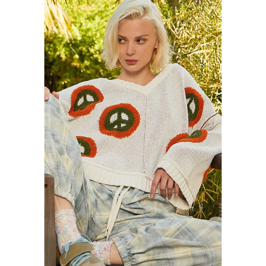 POL V Neck Long Sleeve Peace Pattern Sweater Cream / S Apparel and Accessories