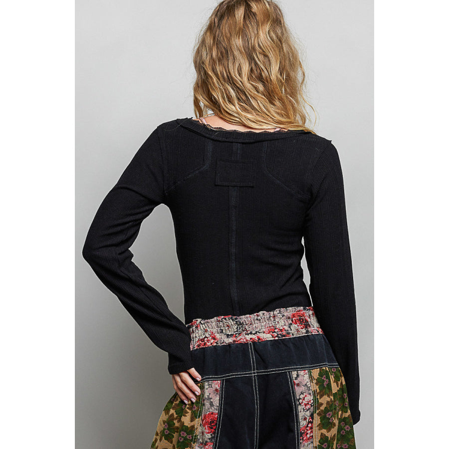 POL V-Neck Long Sleeve Ribbed Top with Lace-Accent Neckband Apparel and Accessories