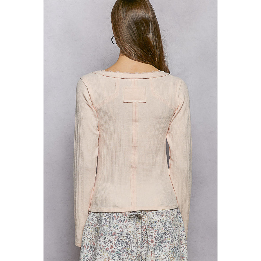 POL V-Neck Long Sleeve Ribbed Top with Lace-Accent Neckband Apparel and Accessories