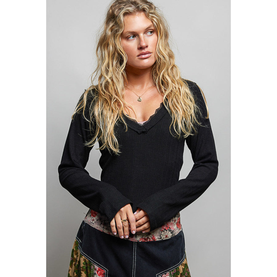 POL V-Neck Long Sleeve Ribbed Top with Lace-Accent Neckband BLACK / S Apparel and Accessories