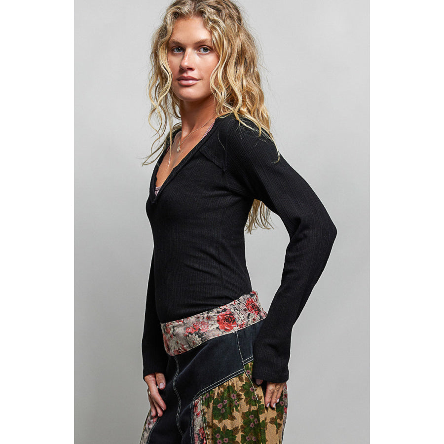 POL V-Neck Long Sleeve Ribbed Top with Lace-Accent Neckband Apparel and Accessories